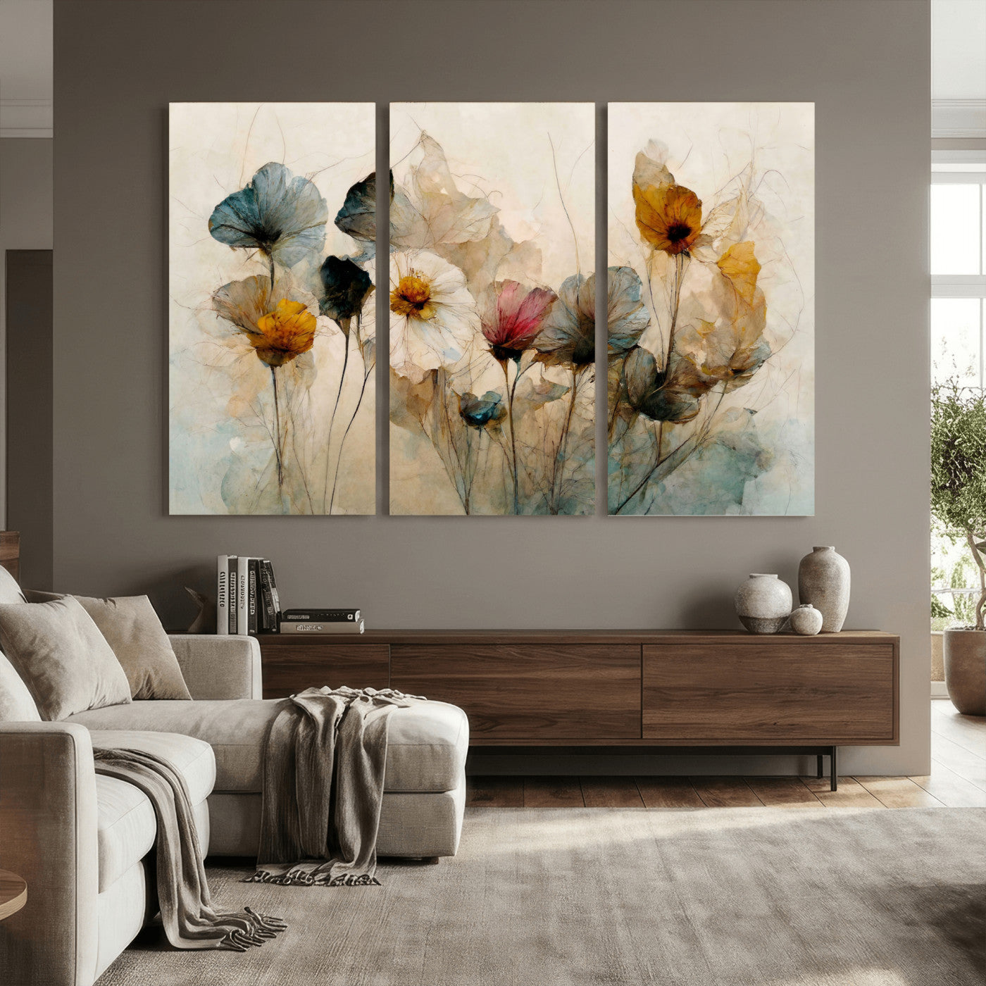 86802229-MGV-CV-36X24 - Vintage Dried Floral Meadow Wall Art Canvas Print, Translucent Watercolor Flowers Painting Print