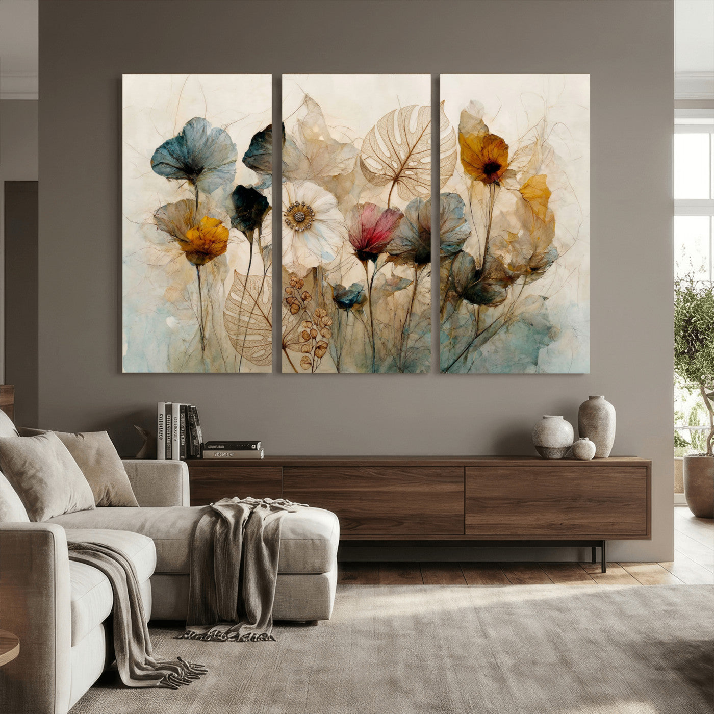 93171612-MGV-CV-36X24 - Vintage Dried Floral Meadow Wall Art Canvas Print, Translucent Watercolor Flowers Painting Print
