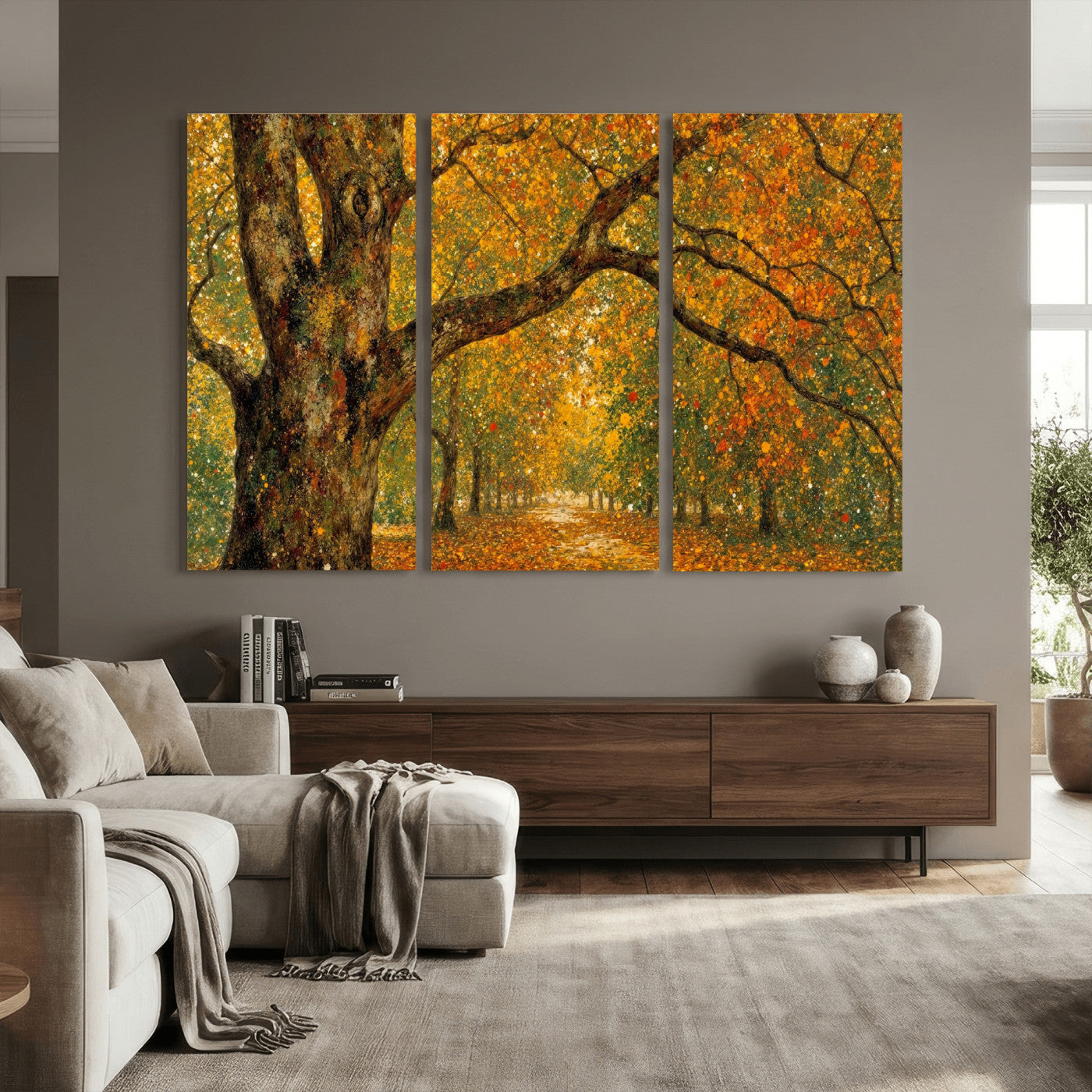 11536138-MGV-CV-36X24 - Vintage Autumn Forest Path Wall Art Canvas Print, Golden Leaves Impressionist Painting Print