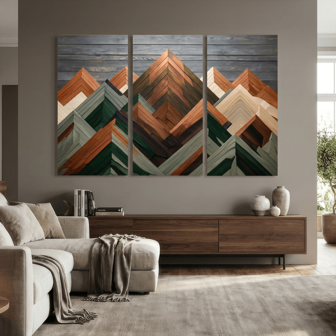 84617347-MGV-CV-36X24 - Geometric Wood Mountain Wall Art Canvas Print, 3D Look Rustic Mosaic Landscape Print