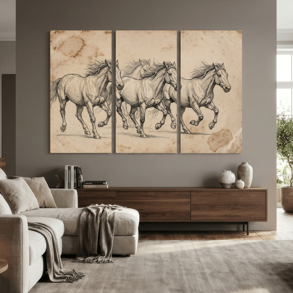 56046981-MGV-CV-36X24 - Sepia Wild Horses Canvas Art, Antique Pencil Drawing Print, Vintage Gallery Wall Decor, Rustic Equestrian Artwork, Traditional Den Gift