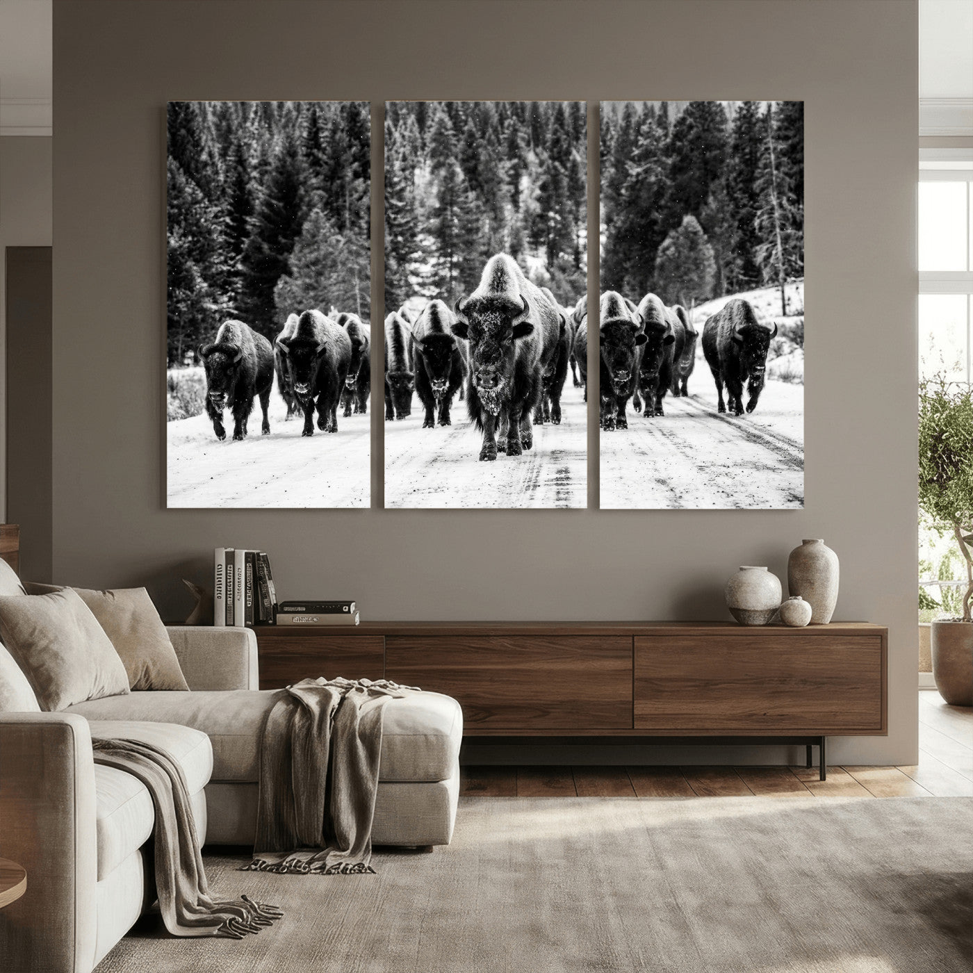 79337077-MGV-CV-36X24 - Black and White Bison Canvas Art, American Buffalo Print, Winter Wildlife Photography, Rustic Forest Wall Decor, Large Statement Nature Gift