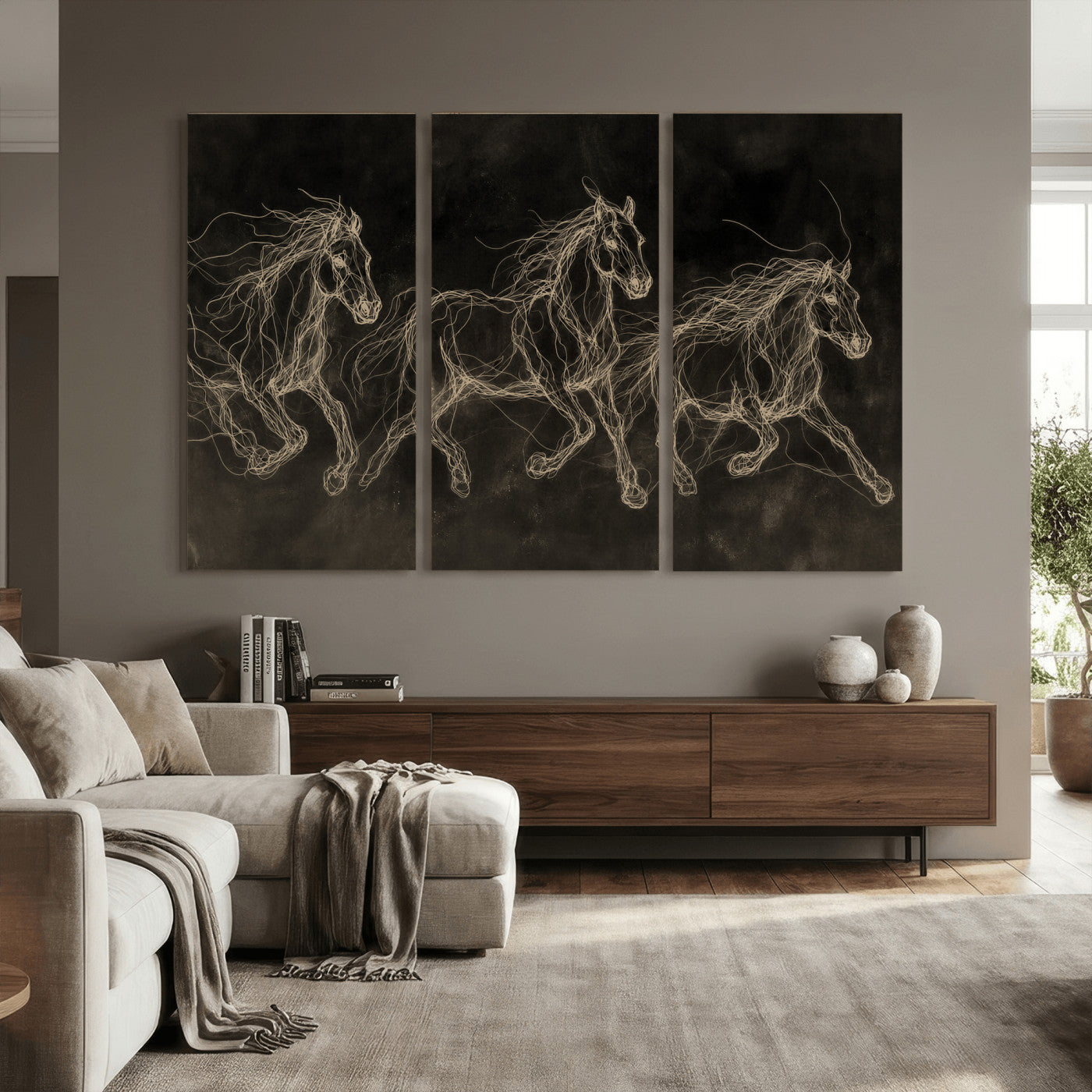 15344242-MGV-CV-36X24 - Dark Horse Line Art Canvas, Gold Scribble Wild Horses Print, Black Chalkboard Wall Art, Modern Luxury Equine Decor, Masculine Office Gift