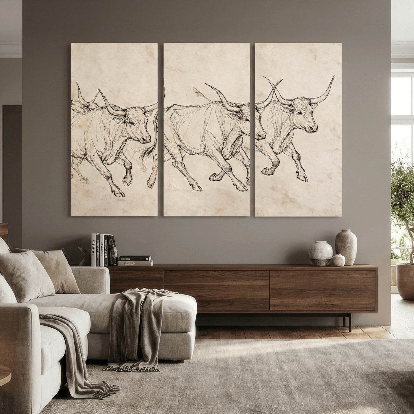 87177621-MGV-CV-36X24 - Minimalist Longhorn Line Art, Modern Texas Bull Canvas Print, Abstract Western Wall Decor, Continuous Line Artwork, Black White Ranch Gift