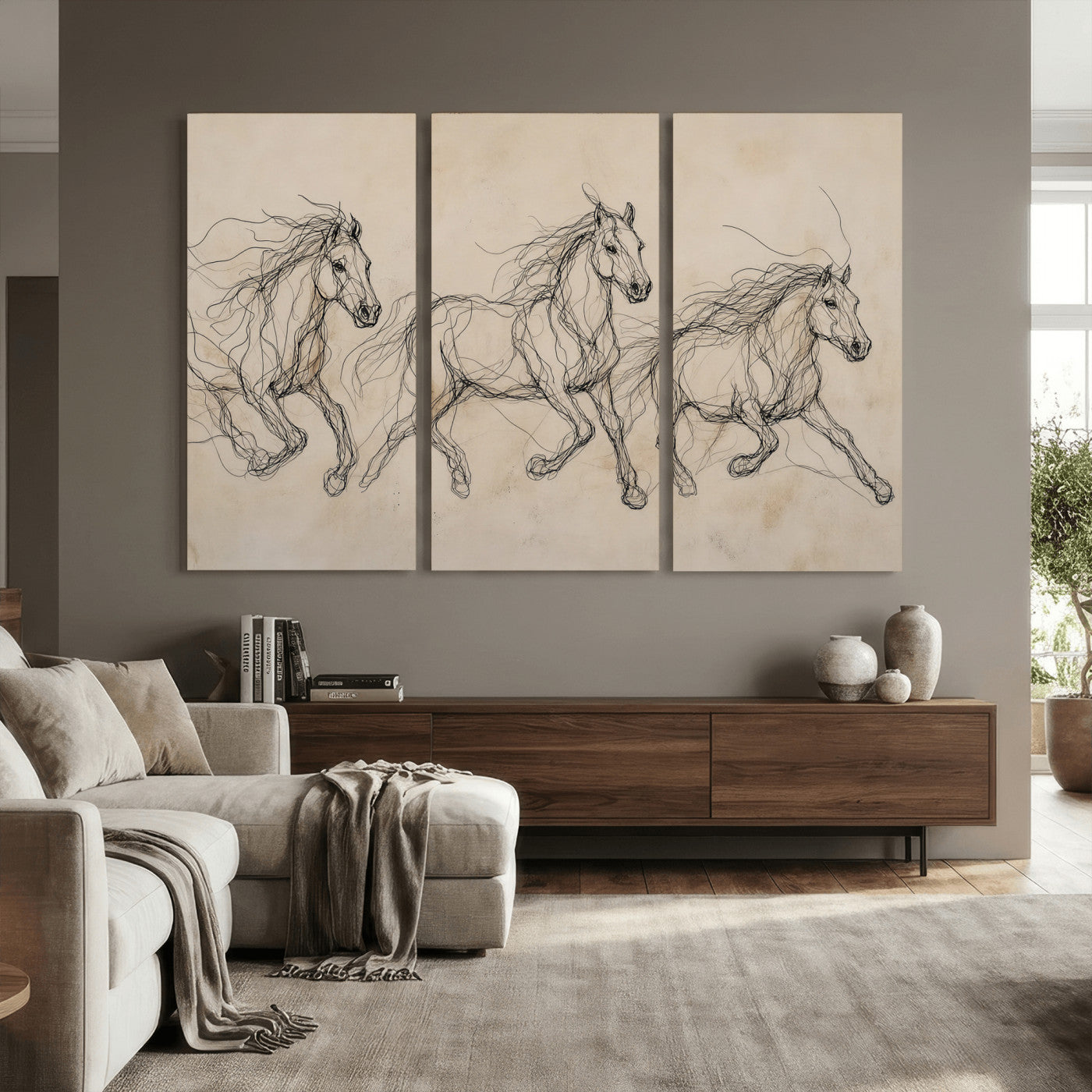 81051673-MGV-CV-36X24 - Abstract Horse Line Art Canvas, Gesture Sketch Wild Horses Print, Modern Scribble Artwork, Minimalist Equine Wall Decor, Rustic Studio Gift