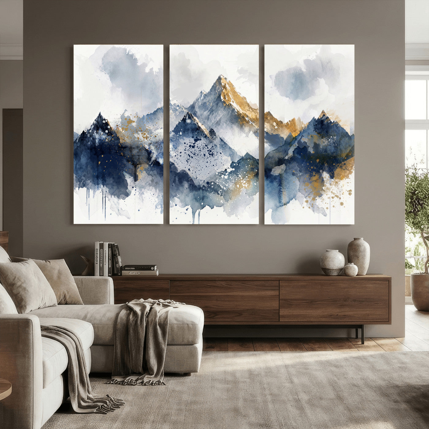 87460616-MGV-CV-36X24 - Abstract Mountain Canvas Wall Art, Blue Gold Foil Landscape Print, Modern Indigo Watercolor Poster, Large Abstract Nature, Luxury Office Gift