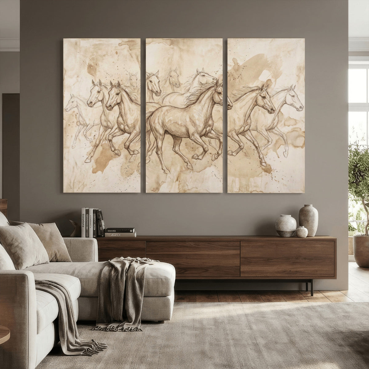 52233469-MGV-CV-36X24 - Vintage Horse Sketch Canvas Wall Art, Wild Horses Pencil Drawing Print, Antique Parchment Western Decor, Equine Sketching, Country Manor Gift