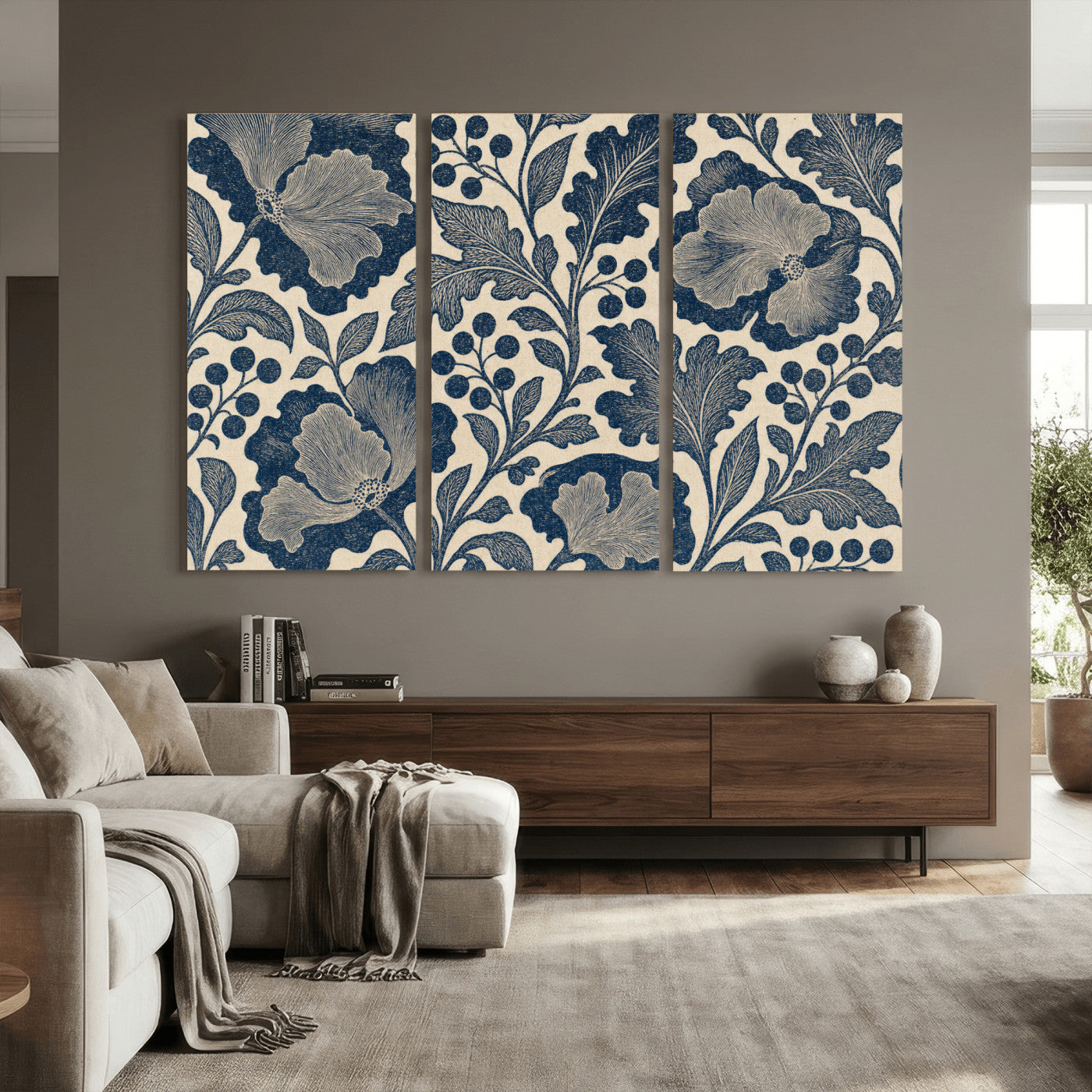 23824002-MGV-CV-36X24 - William Morris Style Navy Blue Floral Wall Art Canvas Print, Vintage Cream Botanical Painting Print