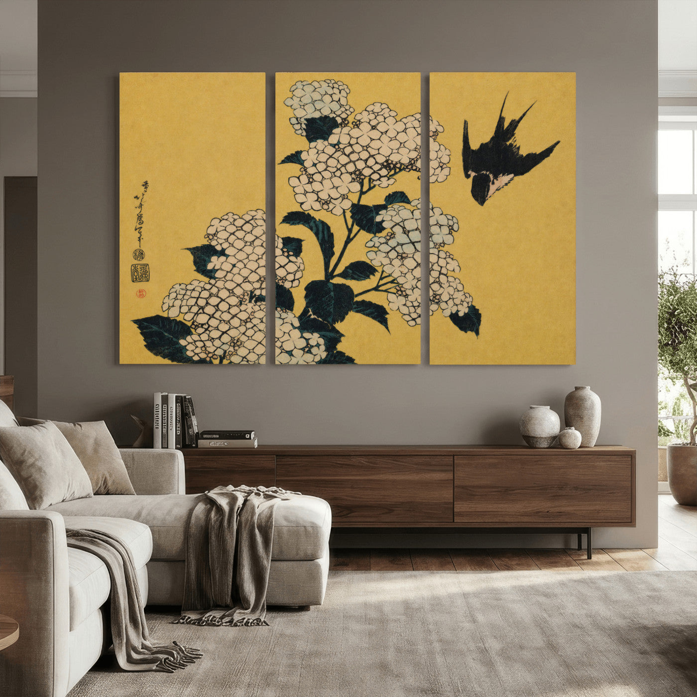 92483501-MGV-CV-36X24 - Katsushika Hokusai Hydrangea and Swallow Wall Art Canvas Print, Japanese Woodblock Painting Print