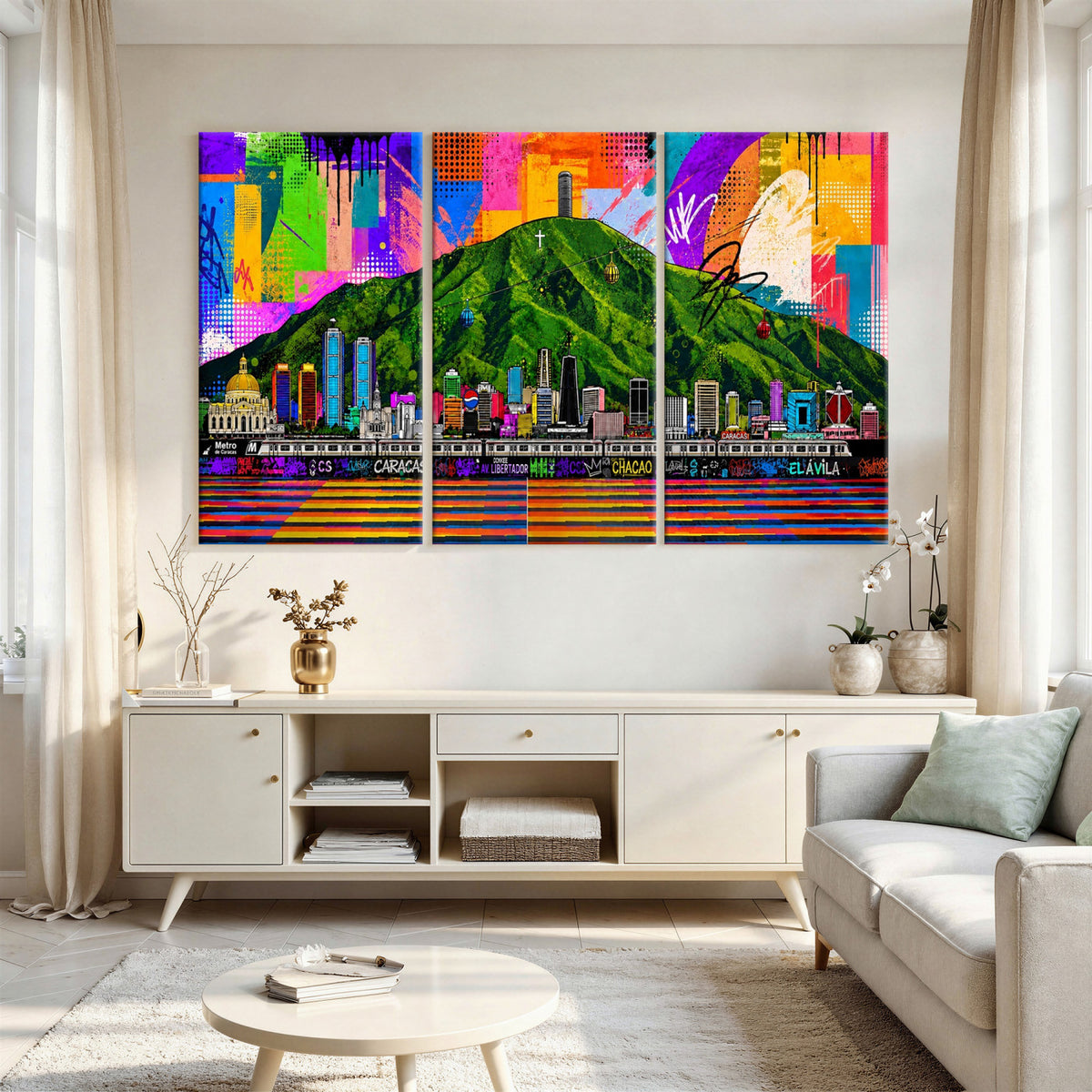 86696255-MGV-CV-36X24 - Mount Ávila, Caracas, Venezuela Wall Art Print by Artist Yorlette - Graffiti Caracas Skyline Canvas Art, Colorful Street Artwork - Venezuela El Avila Poster Print