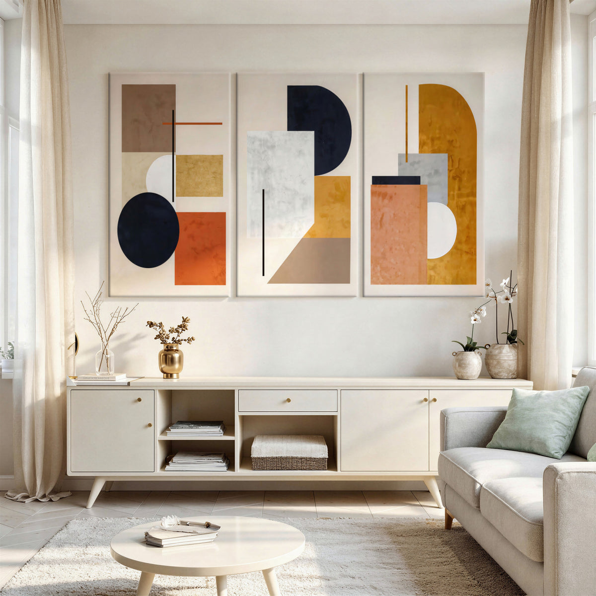 87361249-MGV-CV-48X32-3P - Mid Century Modern Geometric Canvas Wall Art, Abstract Triptych Print