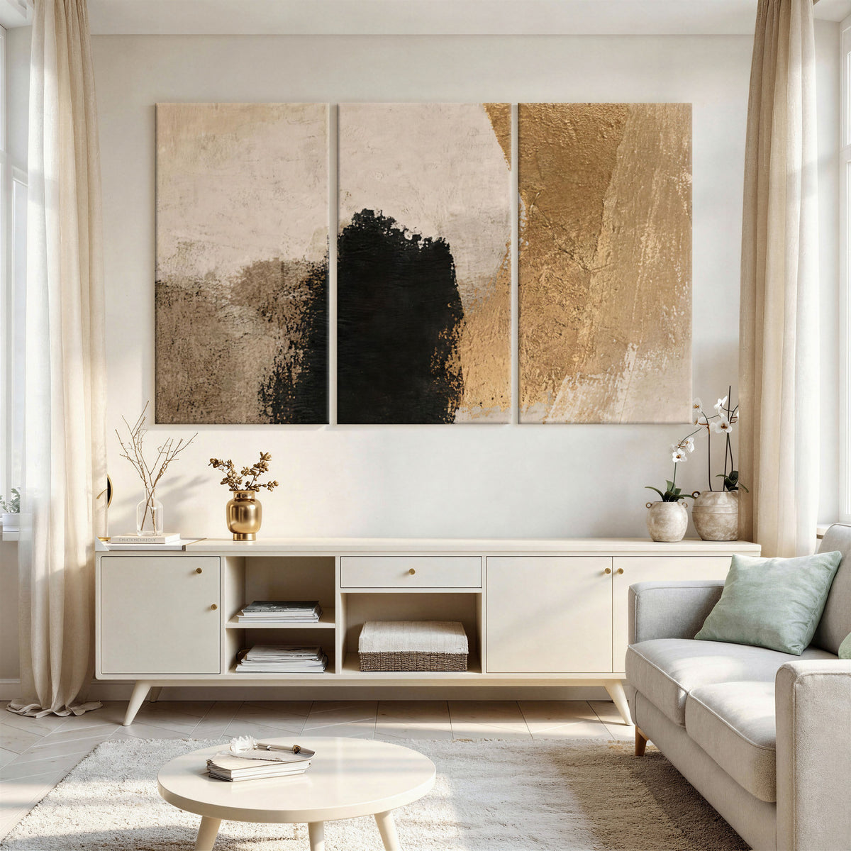 36003778-MGV-CV-48X32-3P - Mid Century Modern Geometric Canvas Wall Art, Abstract Triptych Print