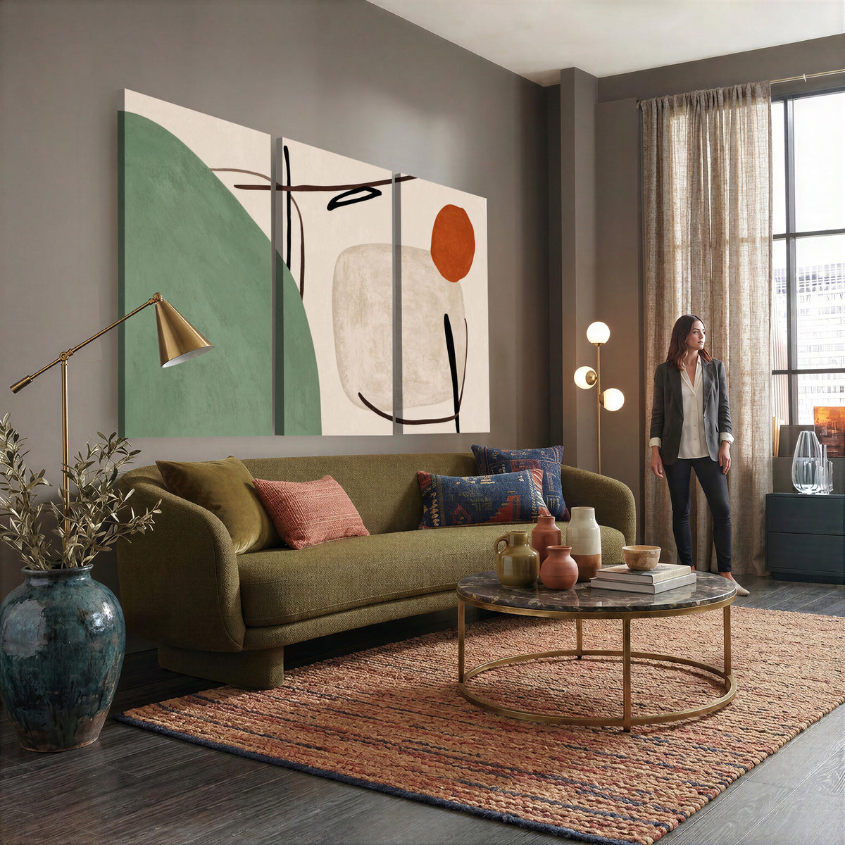 46798824-MGV-CV-48X32-3P - Mid Century Modern Geometric Canvas Wall Art, Abstract Triptych Print