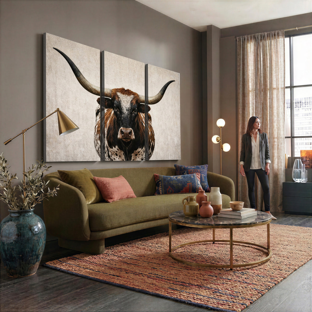 58622065-MGV-CV-36X24 - Texas Longhorn Canvas Wall Art Western Bull Desert Moody Grey Overcast Rustic Farmhouse Framed Large for Living Room Bedroom Office Decor