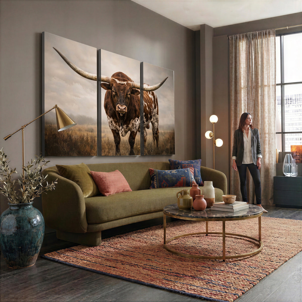 25239047A-MGV-CV-36X24 - Texas Longhorn Canvas Wall Art Western Bull Desert Moody Grey Overcast Rustic Farmhouse Framed Large for Living Room Bedroom Office Decor