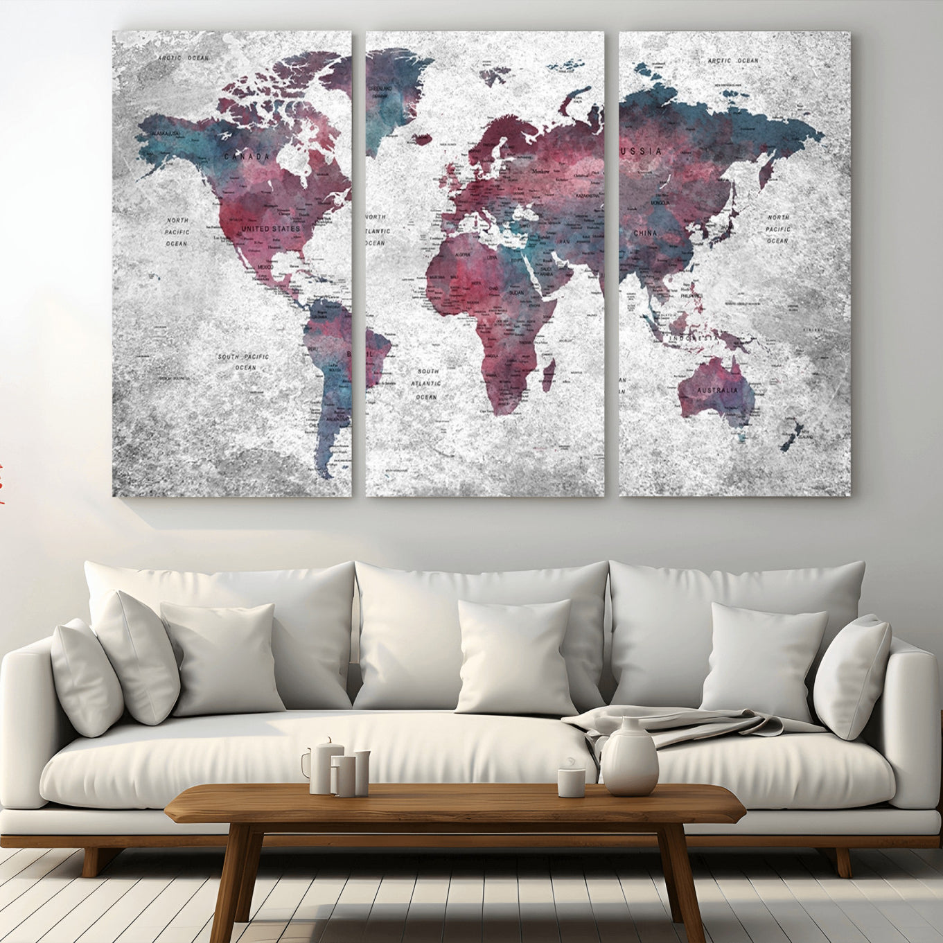 -Modern Red and Gray World Map Canvas Print – Framed Push Pin Wall Art for Couples, Contemporary Travel Map Artwork for Home and Office Decor