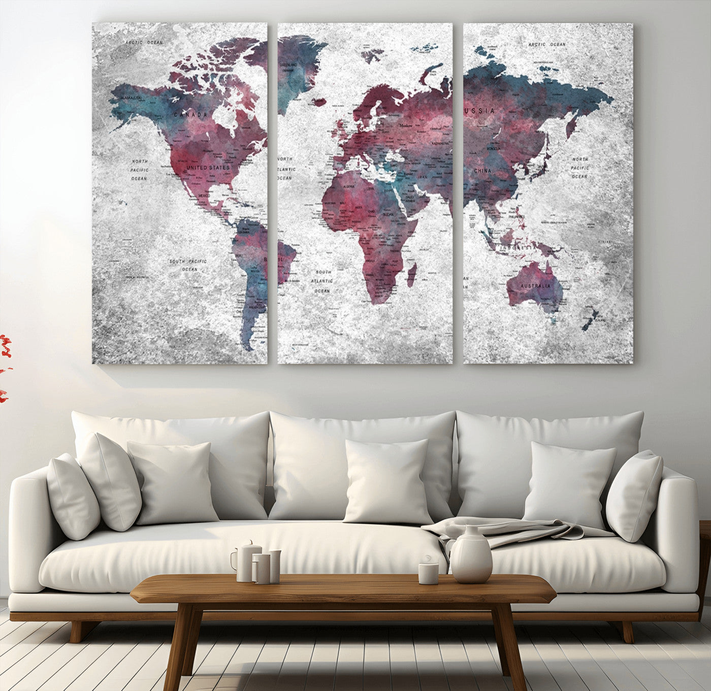 -Modern Red and Gray World Map Canvas Print – Framed Push Pin Wall Art for Couples, Contemporary Travel Map Artwork for Home and Office Decor