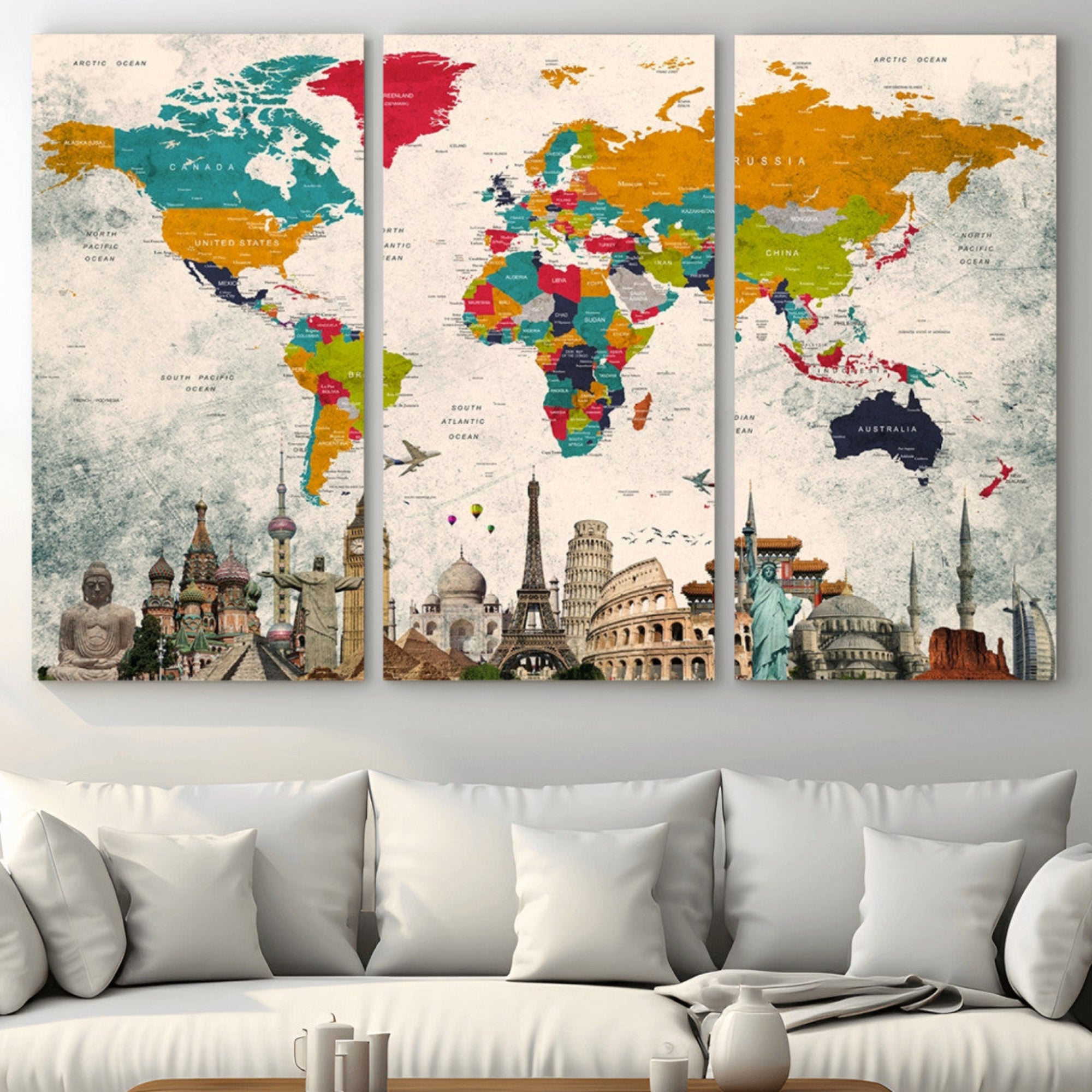 98056-MGV-CV-36X24-Colorful World Map Canvas Wall Art with Landmarks – Framed Travel Map Print for Home and Office Decor, Perfect Gift for Travel Lovers