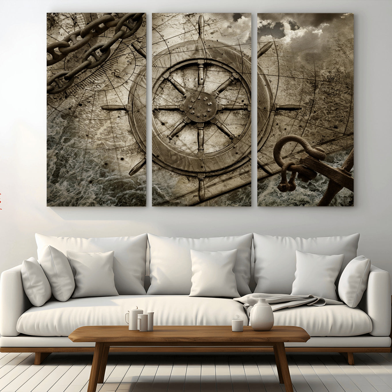 -Wooden Ship Wheel Canvas Print, Multi Panel Canvas Wall Art Print