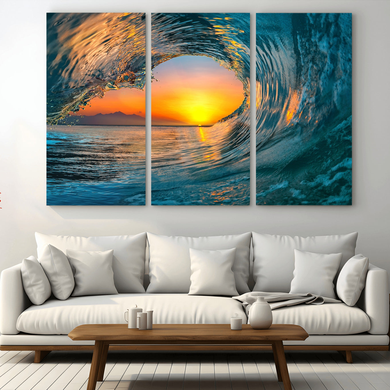 84279-MGV-CV-36X24-Ocean Wave Sunset Wall Art | Large Coastal Wave Canvas Print | 3-Panel Ocean Sunset Seascape for