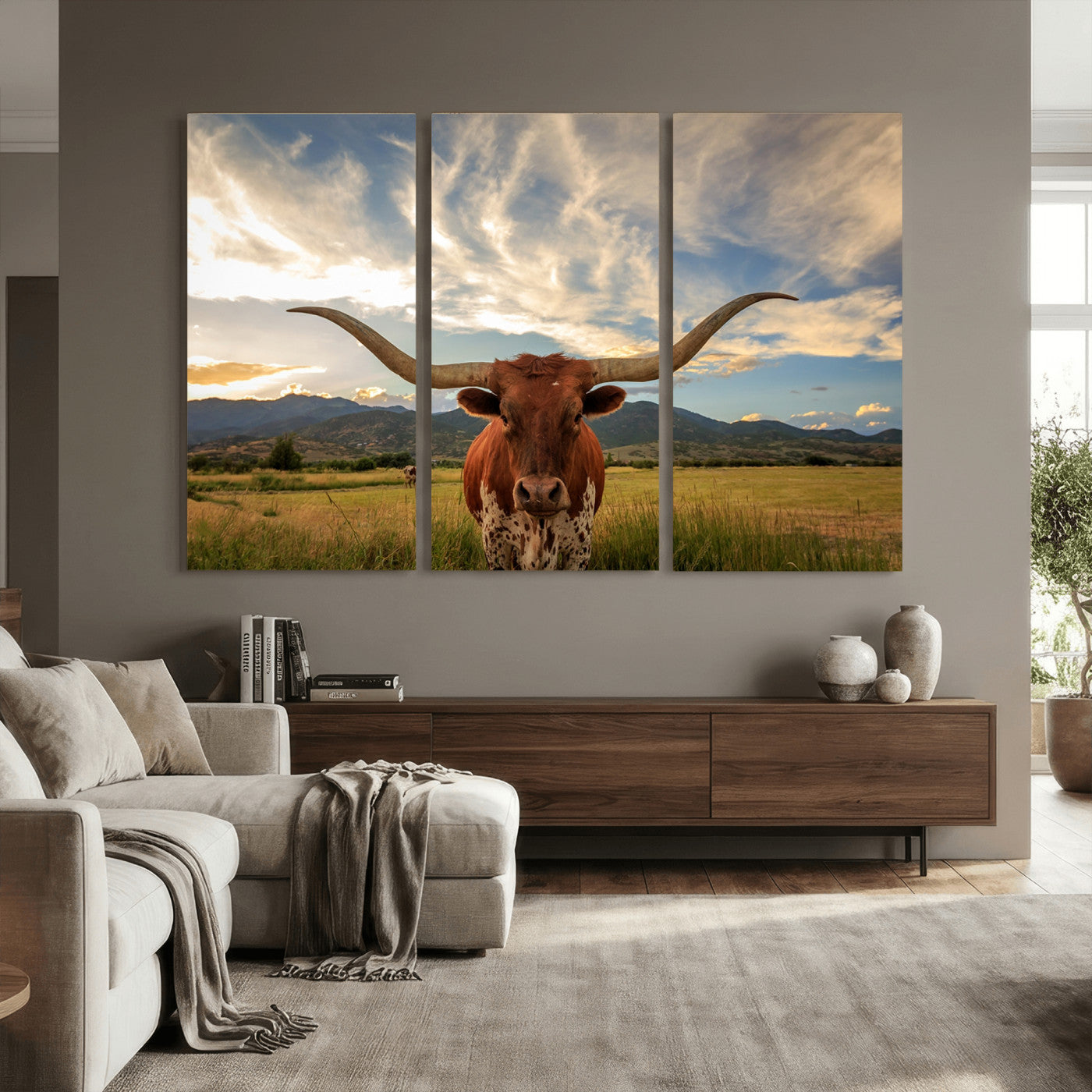 55416-MGV-CV-36X24 - Texas Longhorn Canvas Wall Art – Majestic Triptych Animal Print – Rustic Western Decor for Living Room