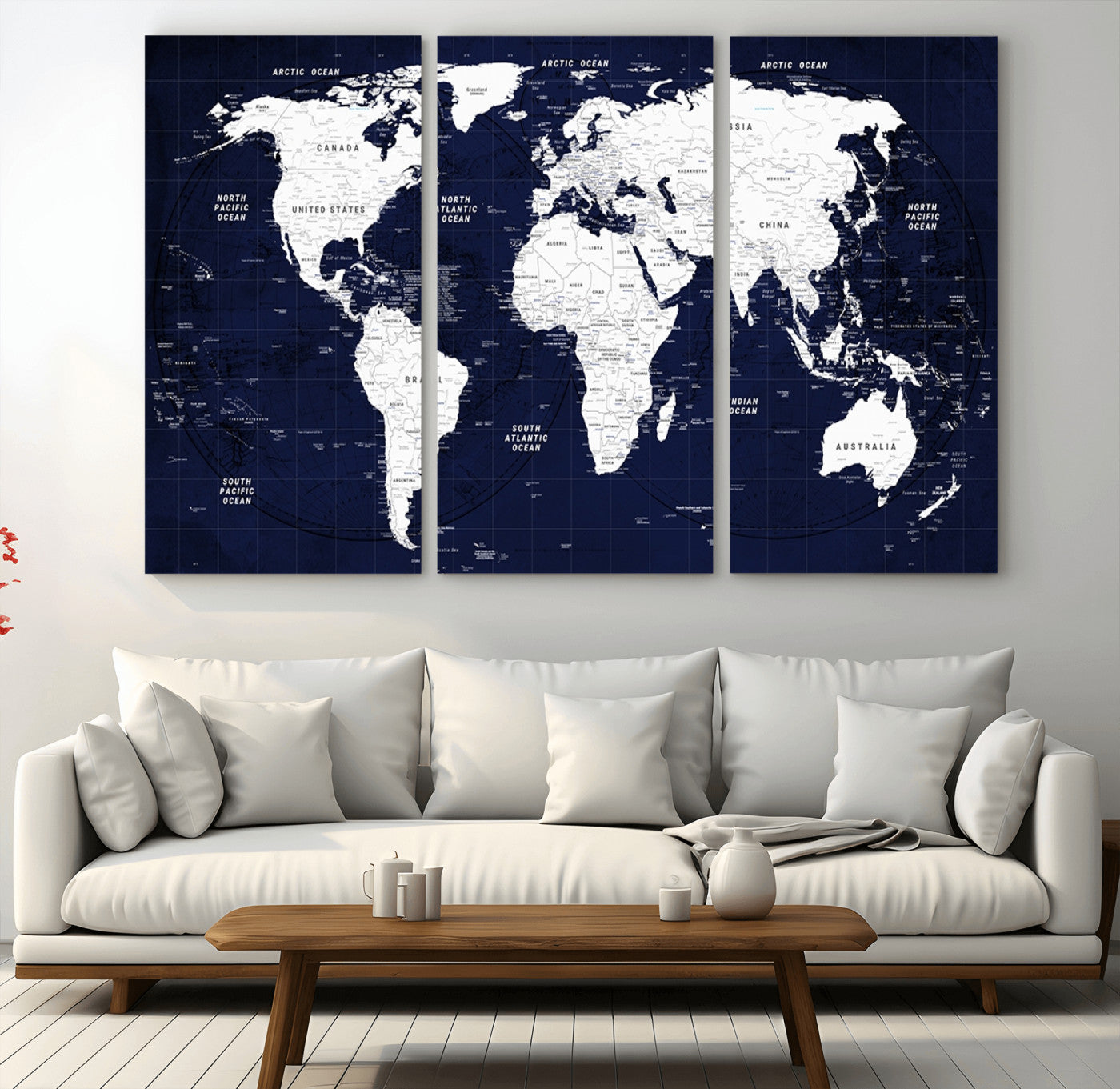 -Navy Blue World Map Canvas Print – Modern Push Pin Travel Map Wall Art, Framed Contemporary Decor for Home or Office