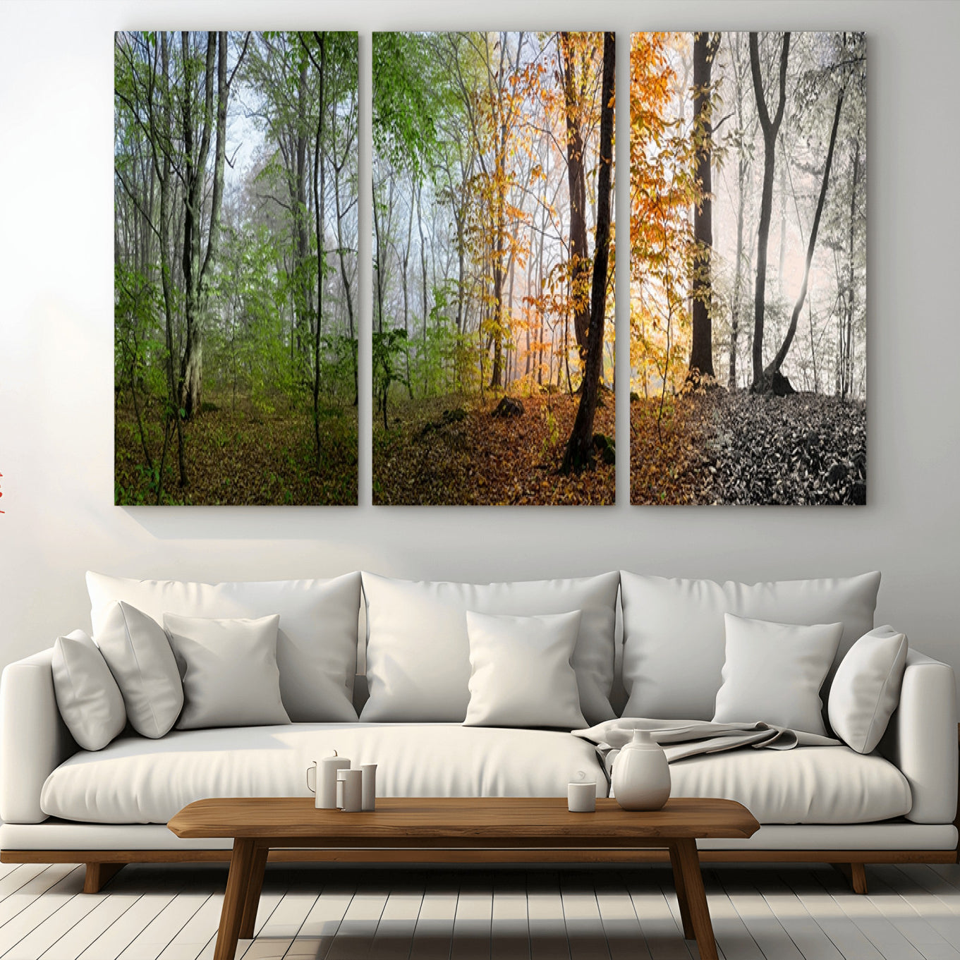 -Four Seasons Wall Art Forest Canvas Print – Triptych Seasonal Nature Print – Landscape Decor for