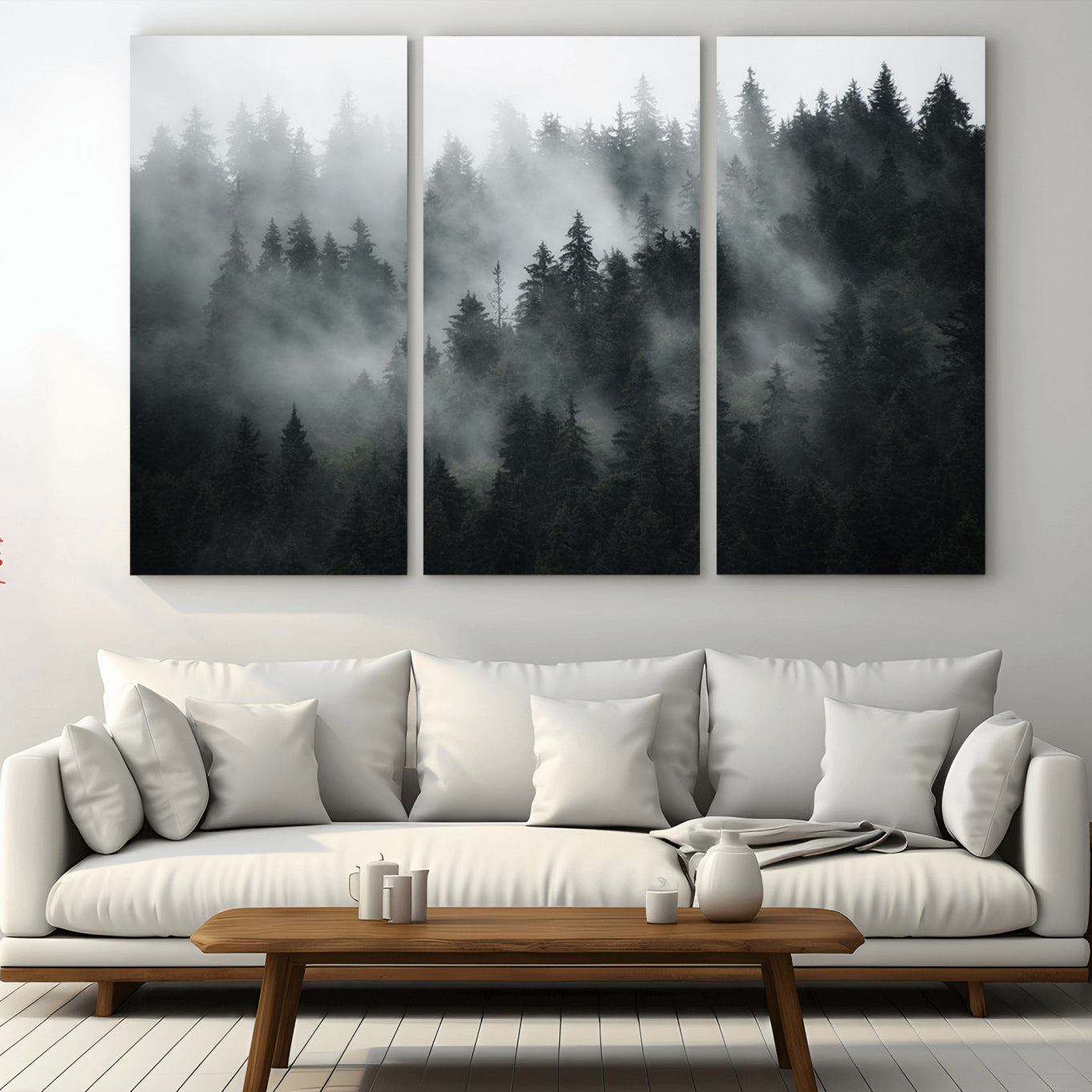 52359-MGV-CV-36X24-Foggy Forest Wall Art Canvas Print | 3 Panel Large Misty Landscape for Dining Room, Office, or