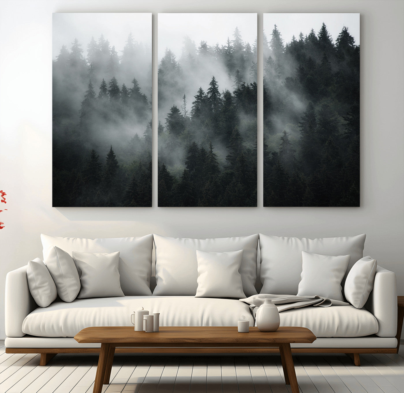 52359-MGV-CV-36X24-Foggy Forest Wall Art Canvas Print | 3 Panel Large Misty Landscape for Dining Room, Office, or