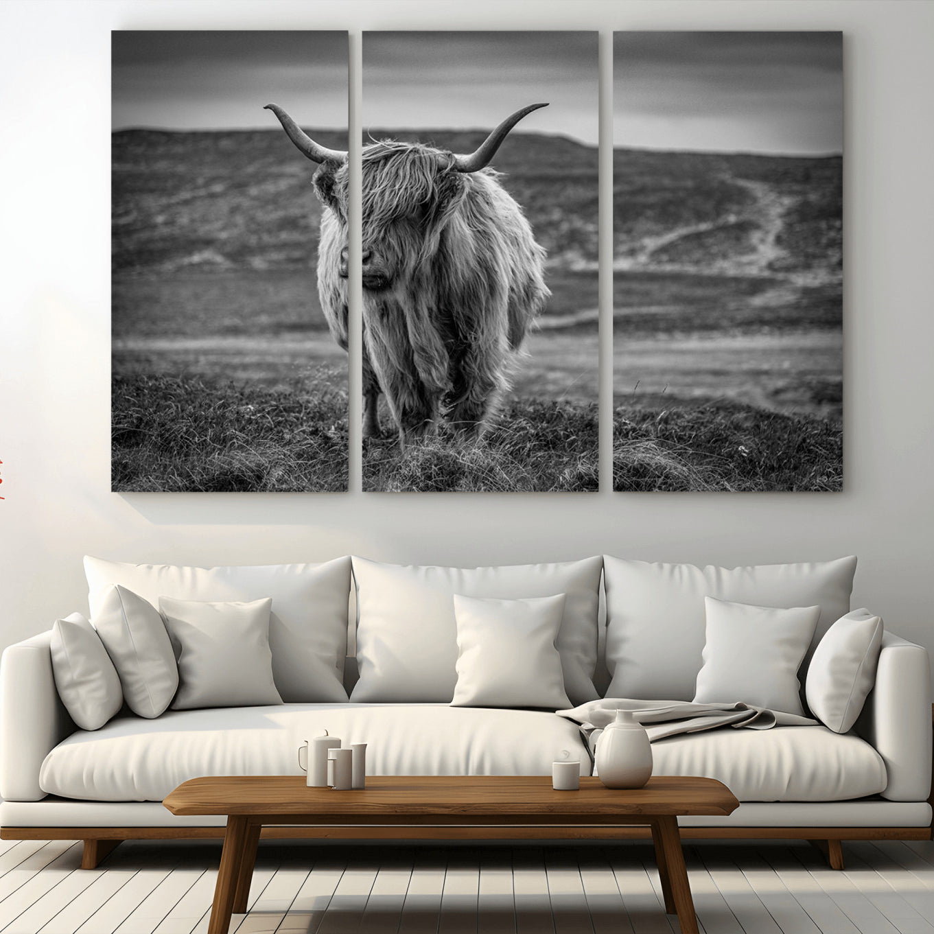 -Fluffy Cattle Wall Art Print, Highland Cow Canvas, Framed Black and white Wall Art
