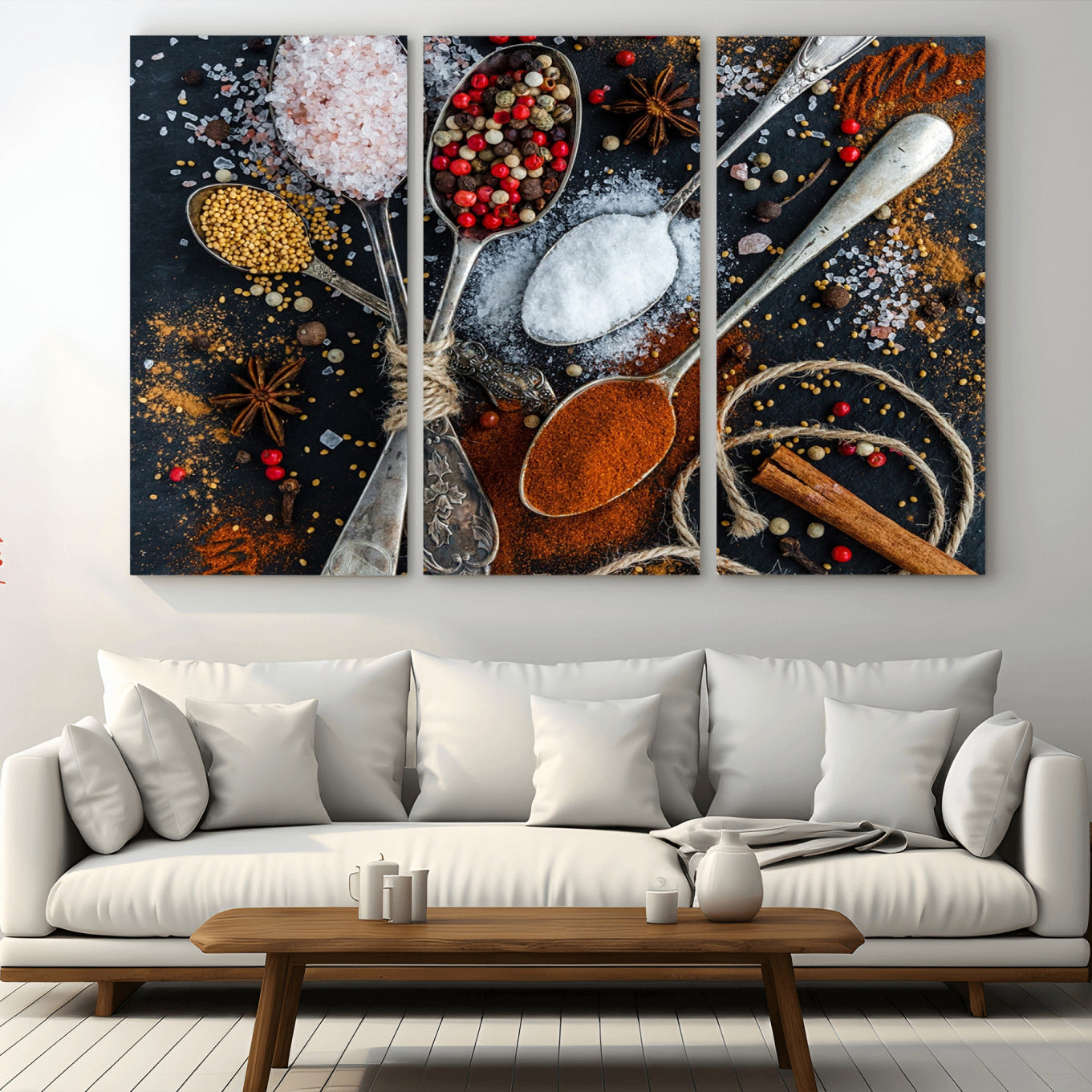 -Spices and Seasonings Canvas Wall Art – Colorful Triptych Kitchen Decor – Culinary Art for Dining