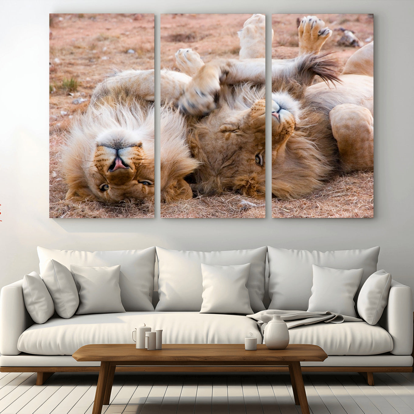 62598-MGV-CV-48X32-3P-Lion Pair Wall Art Canvas Print – Framed Wildlife Scene with Playful Lions Artwork for Home, Office, Living Room