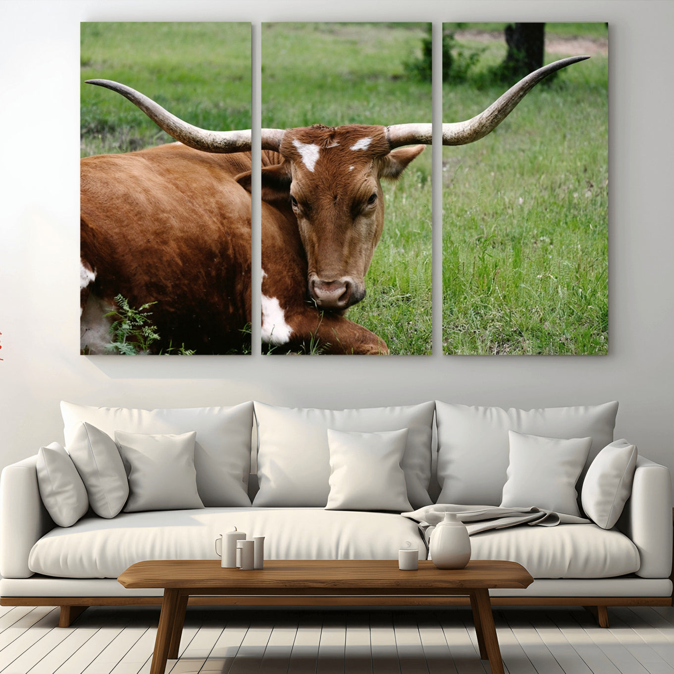 -Longhorn Steer Canvas Wall Art – Rustic Nature Triptych Decor for Living Room or Office – Ready to
