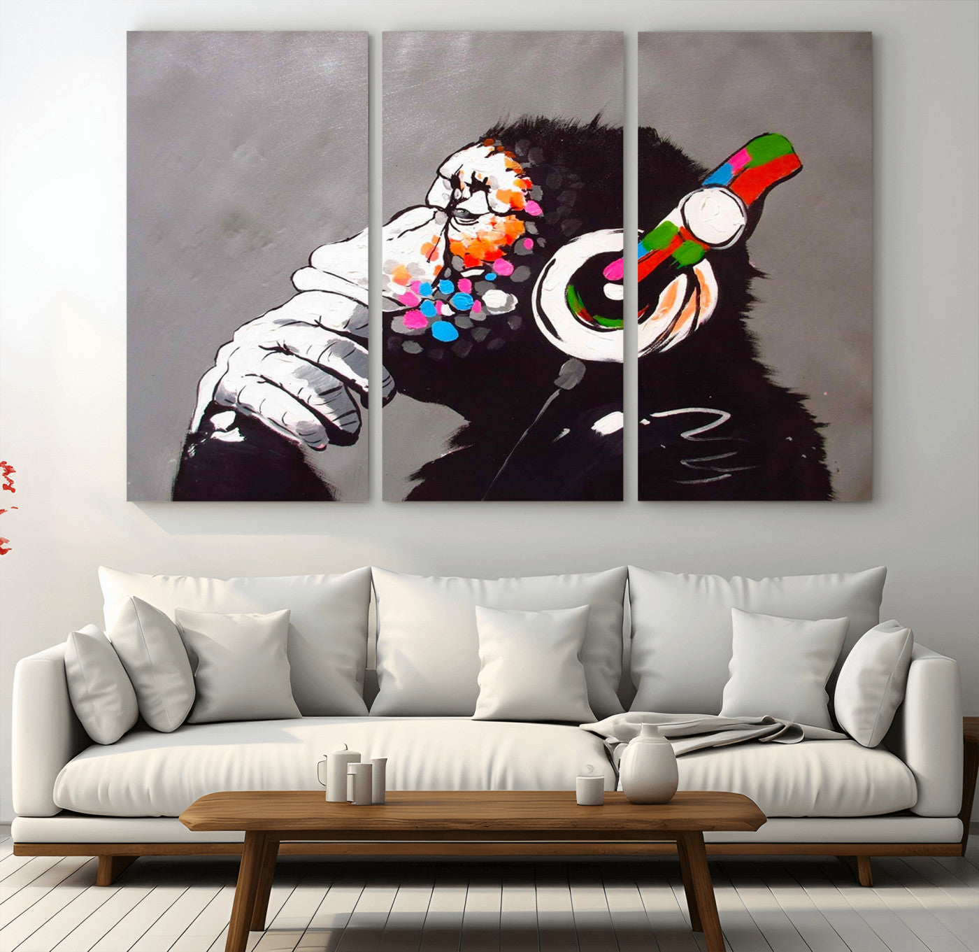 56887-MGV-CV-36X24-Dj Monkey Listening to Music Wall Art Print | Banksy Monkey Large Canvas Print for Living Room,