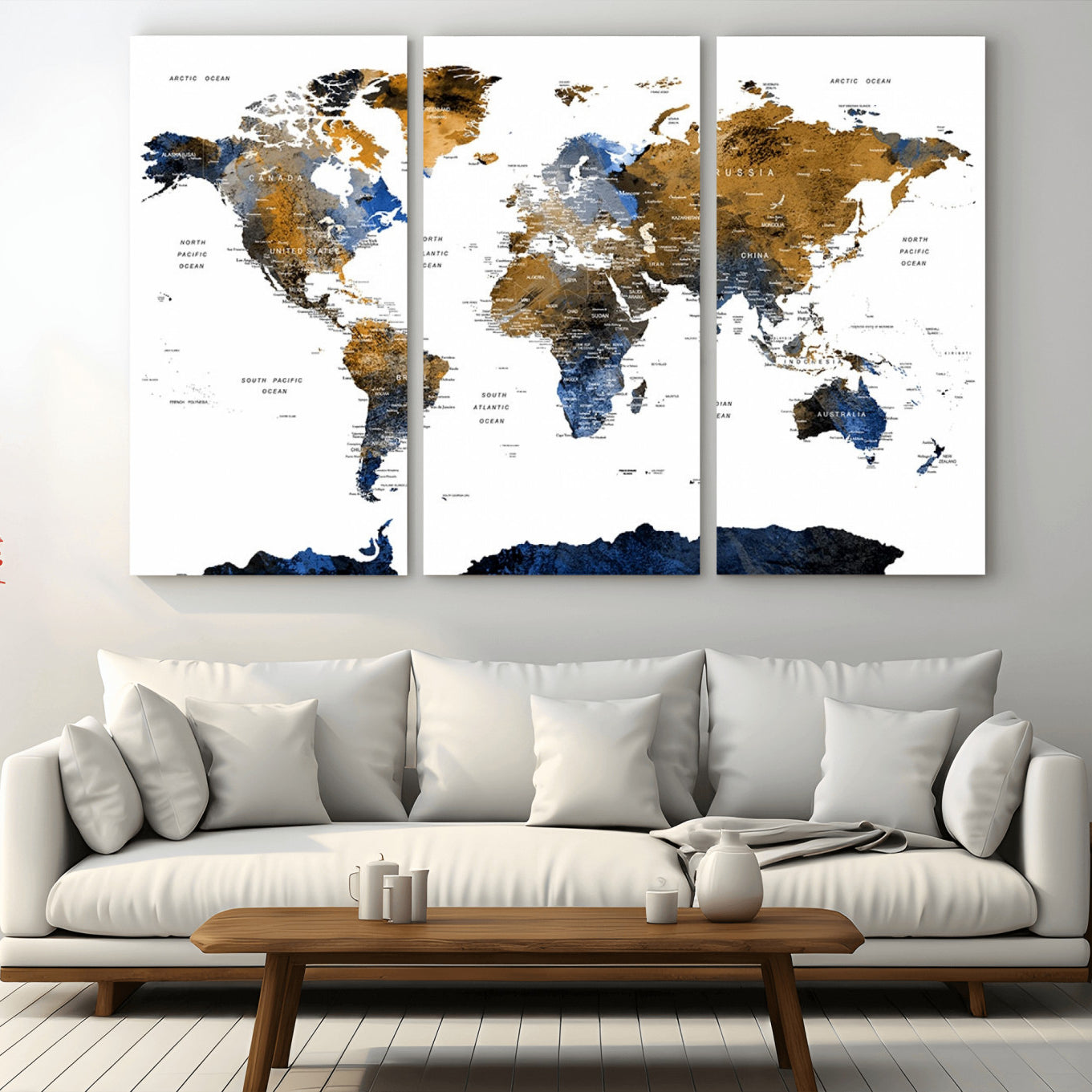 32677-MGV-CV-36X24-Modern Abstract World Map Canvas Wall Art – Framed Blue and Gold Map Print, Elegant Contemporary Travel Decor for Home and Office Walls
