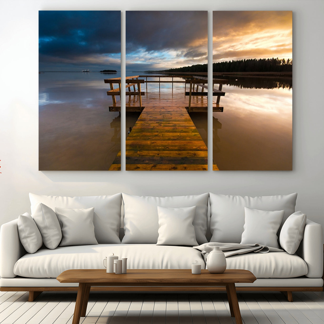 -Serene Lake Pier at Sunset Canvas Print | Landscape Canvas Print | Ready to Hang and Framed Wall Art