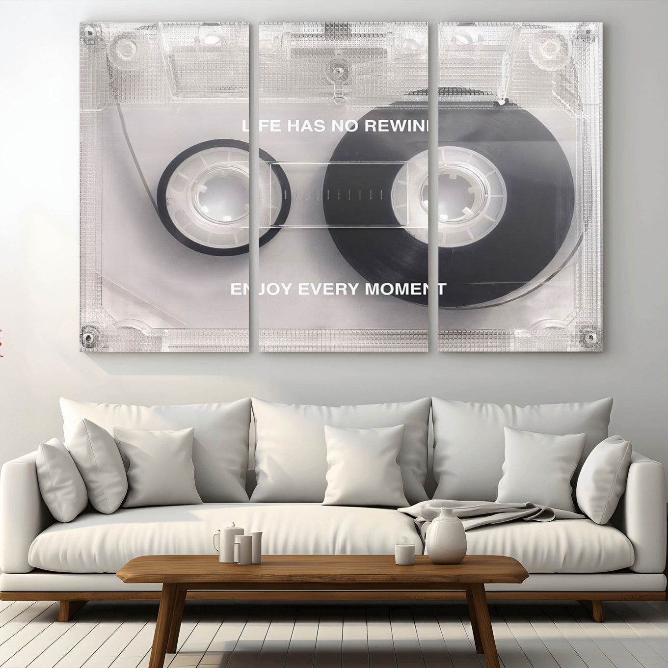 -Vintage Cassette Tape Canvas Wall Art - Inspirational 'Life Has No Rewind' Quote, Retro Music Decor