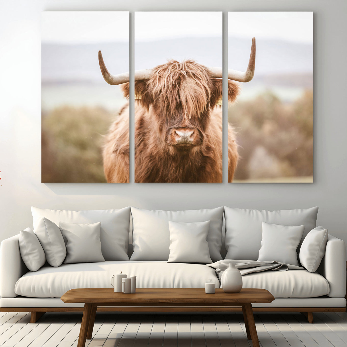 -Scottish Serene Highland Cow Canvas Wall Art – Serene Highland Cow in Natural Pastel Tones – Ready