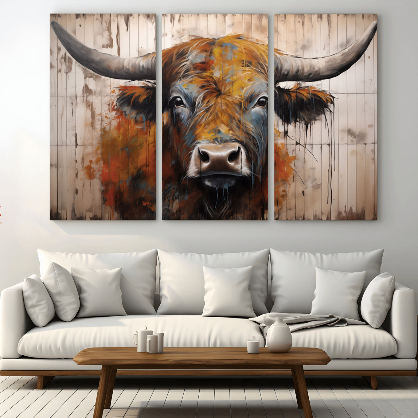 47284-MGV-CV-36X24-Scottish Highland Cow Cattle Art Print on Wood Style Background