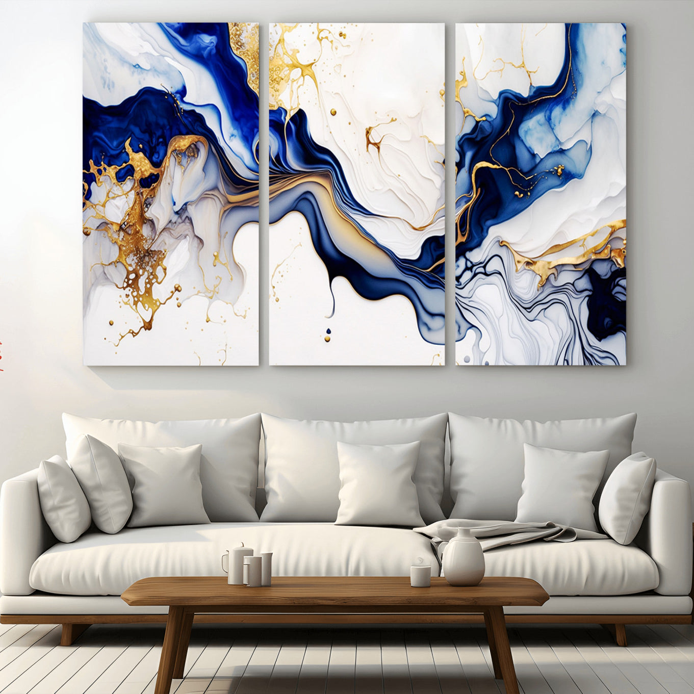 93392-MGV-CV-36X24-Golden Cascades on Midnight Blue – Deep Blue Abstract Wall Art Flowing Elegance | Wall Art Canvas,