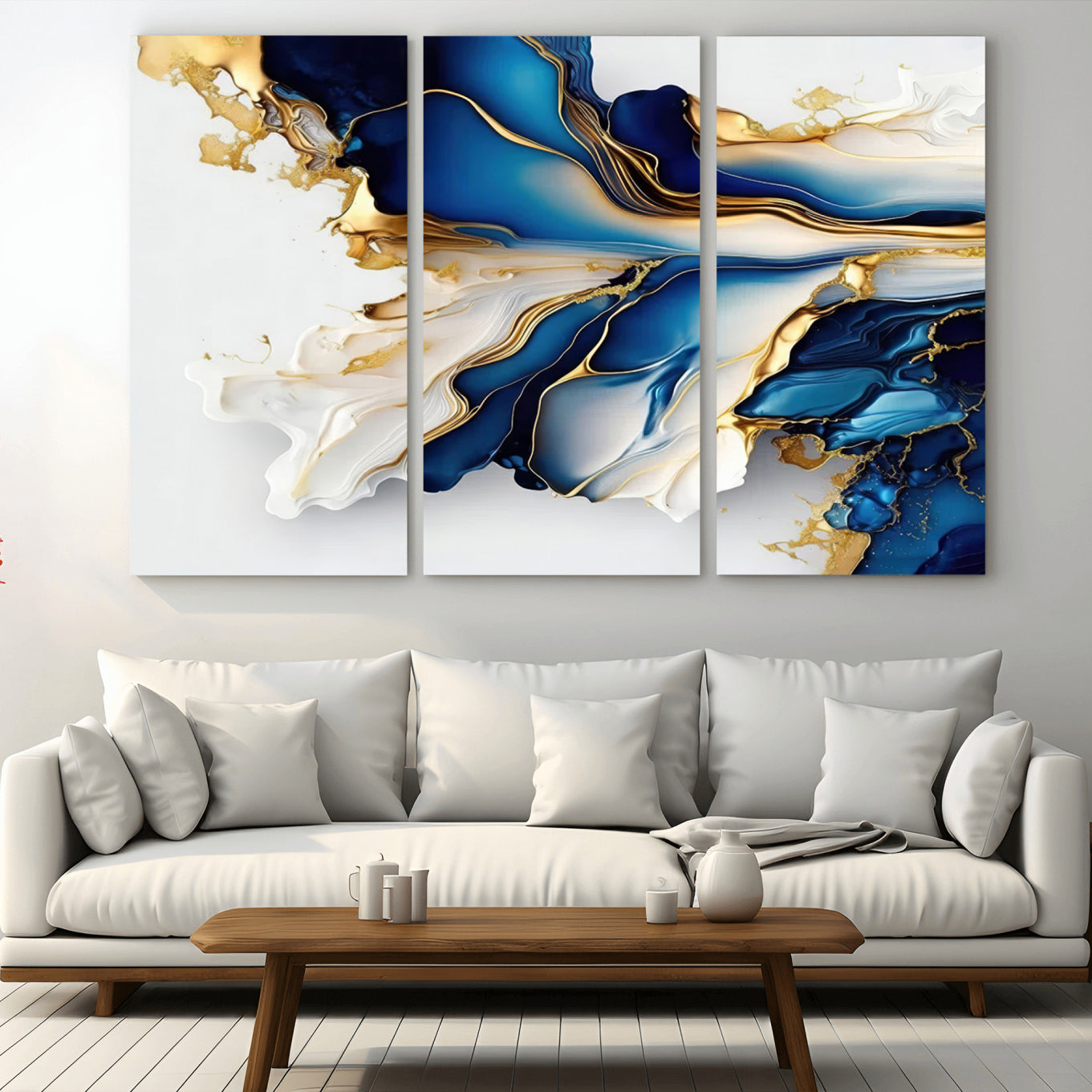 65693-MGV-CV-36X24-Gold Marble Art - Abstract Geode Gold And Blue Marble Shape 3 Pieces Wall Art Canvas Print