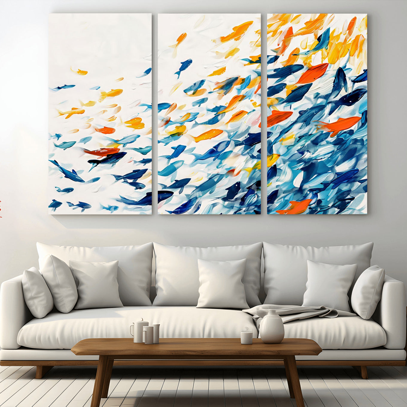 84837-MGV-CV-36X24-Abstract Fish Shoal Wall Art Canvas Print, Colorful Fish Herd Painting on Canvas Print, Ocean Animal