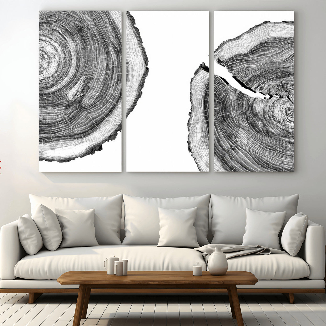 52770-MGV-CV-36X24-Abstract Large Tree Rings – Minimalist Black and White Wood Art | Triptych Canvas, Modern Wall Decor