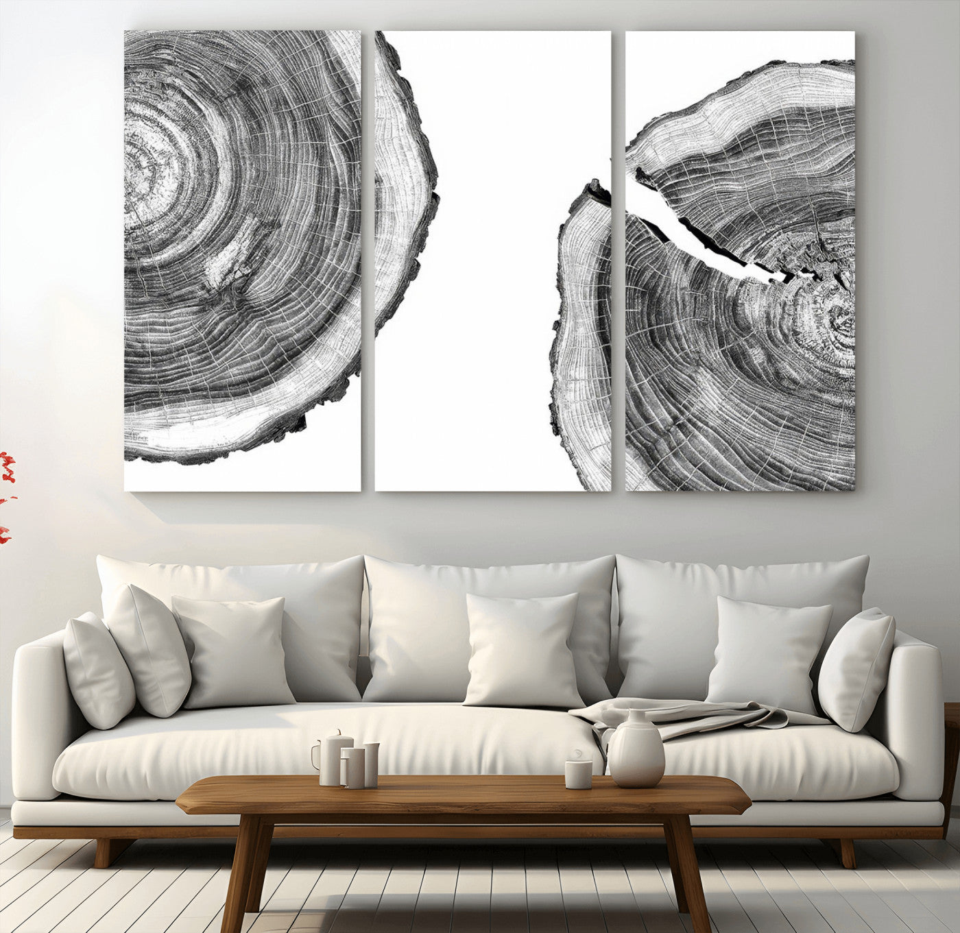 52770-MGV-CV-36X24-Abstract Large Tree Rings – Minimalist Black and White Wood Art | Triptych Canvas, Modern Wall Decor