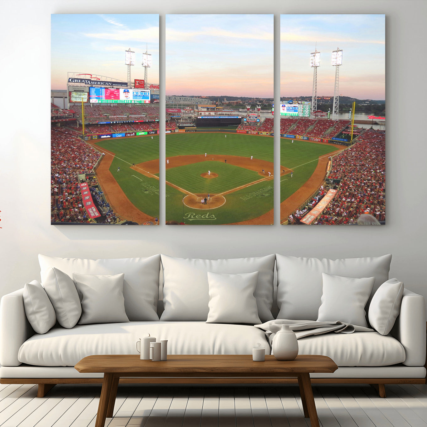 20257-MGV-CV-36X24-Cincinnati Reds Baseball Print Canvas- Cincinnati Great American Ball Park Stadium Wall Art Canvas
