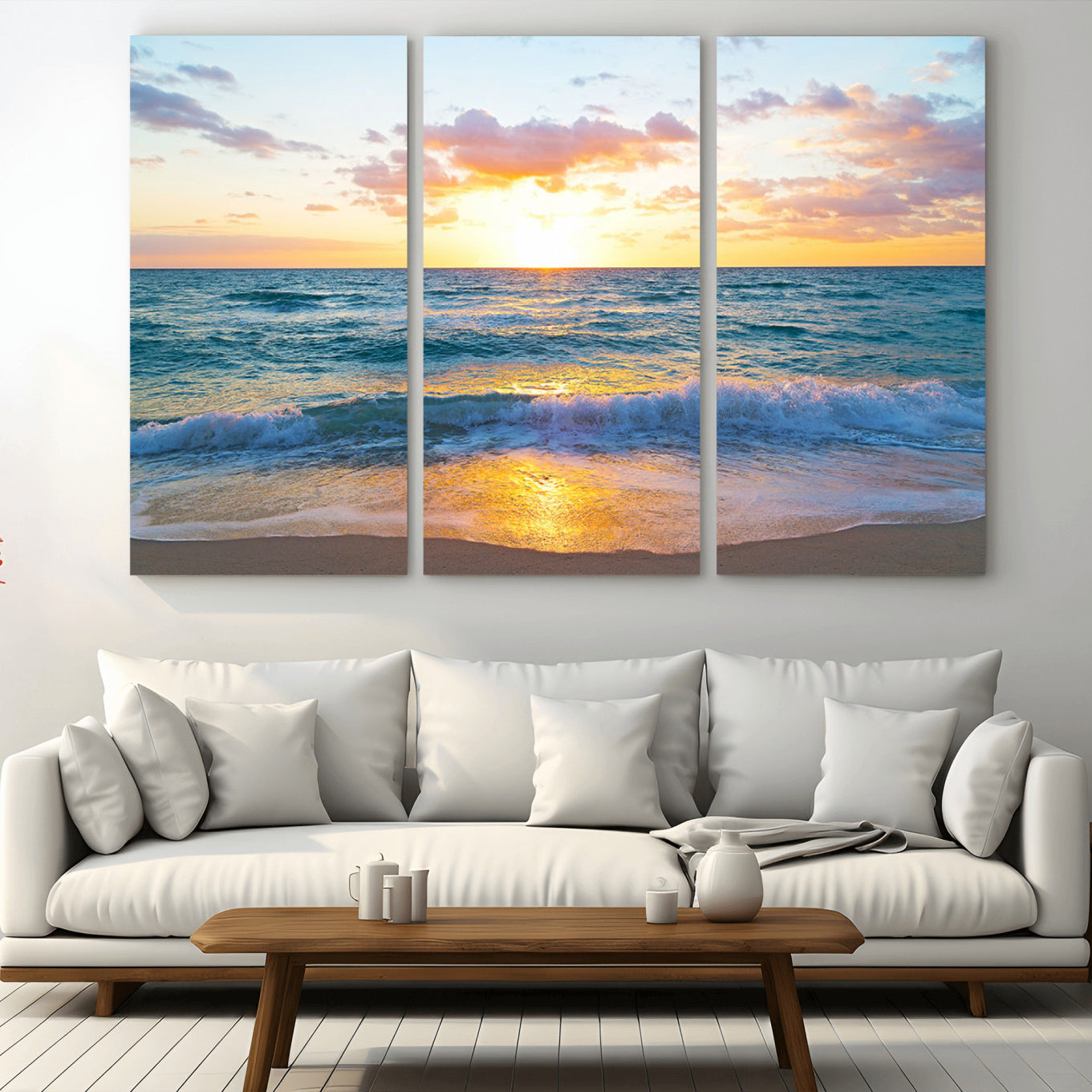 63383-MGV-CV-36X24-Golden Sunset Over Ocean Waves - Serene Coastal Triptych Wall Art for Relaxing Home Decor, Ready to