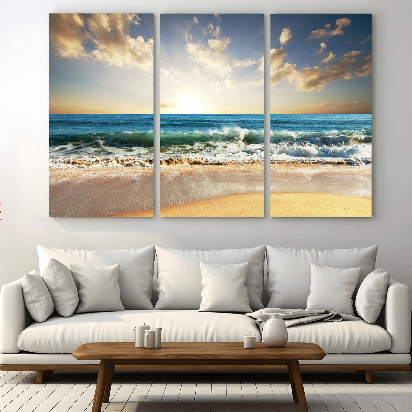 83376-MGV-CV-36X24-Golden Sunset Beach Triptych Canvas Wall Art for Living Room – 3-Panel Ocean View, Framed & Ready to