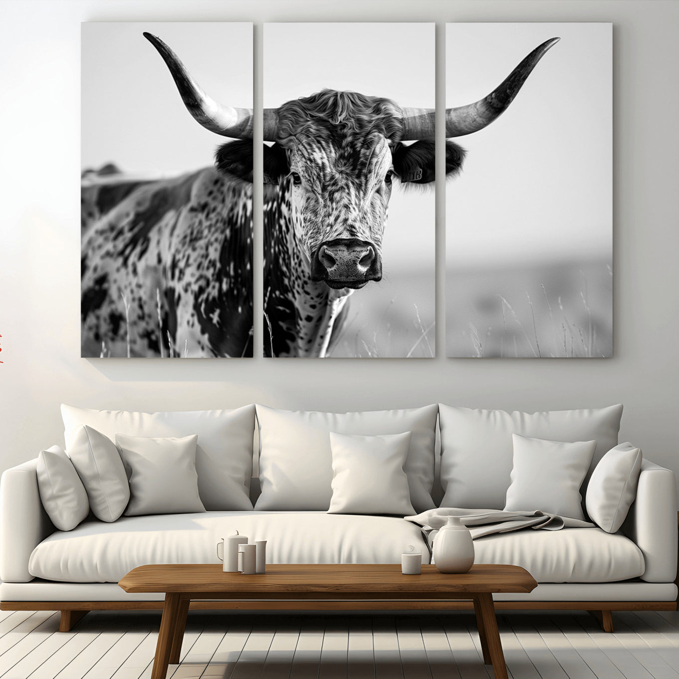 89724-MGV-CV-36X24-Texas Cow Longhorn Wall Art Canvas Print in Black and White – Framed, Ready to Hang