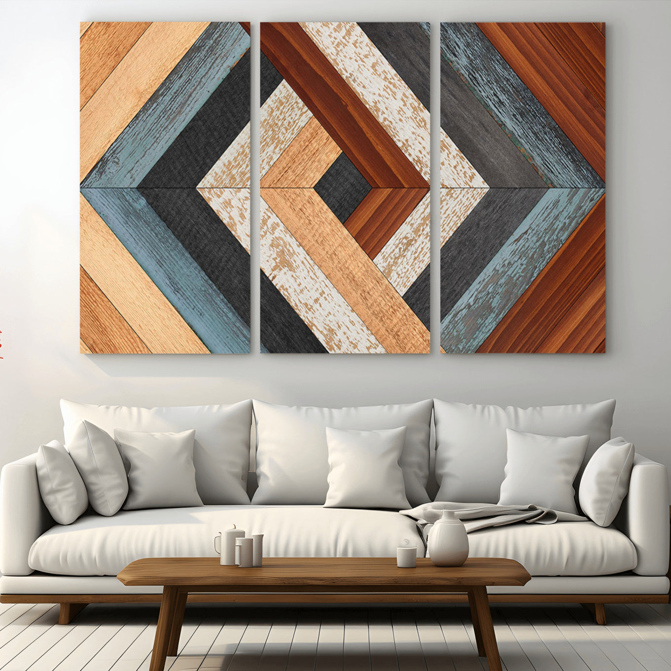 20897-MGV-CV-36X24-Geometric Wood Art Wall Decor Canvas Print, Rustic Wooden Pattern Triptych Wall Art for Living Room