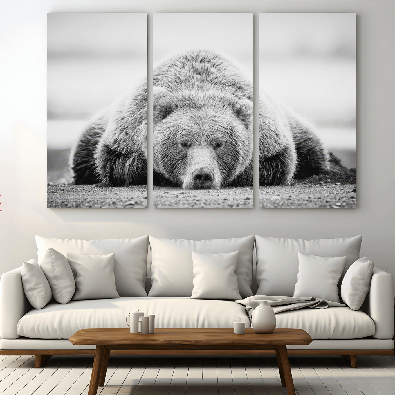 72905-MGV-CV-36X24-Resting Grizzly Bear Wall Art Canvas Print – Majestic Lazy Black and White Wildlife Bear Art,